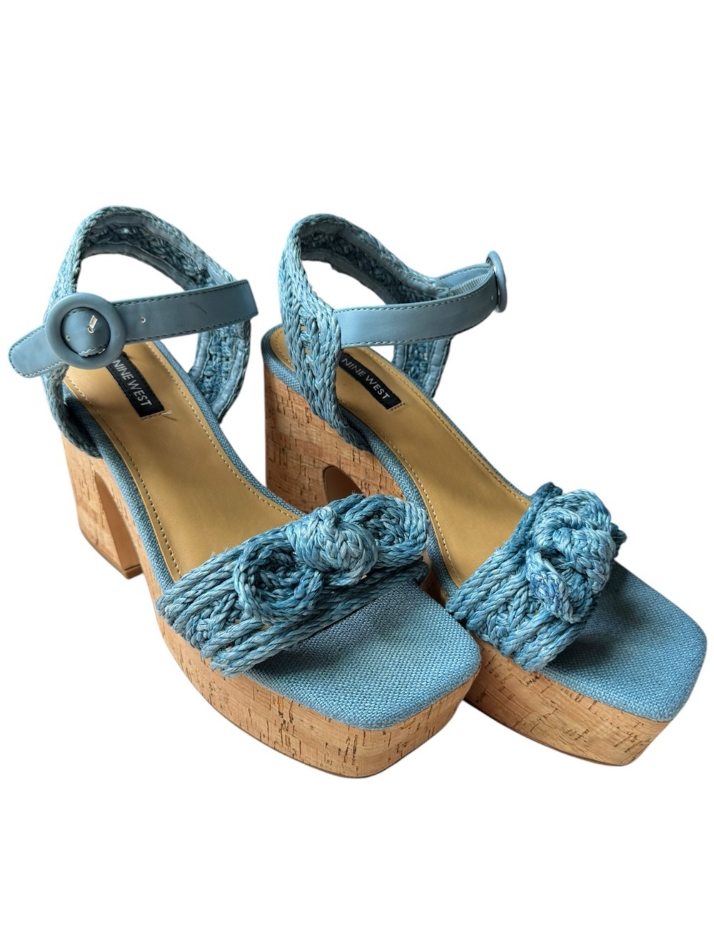 Nine West Comiele Blue Raffia Knot Platform Block Heel Sandals Size 9M
